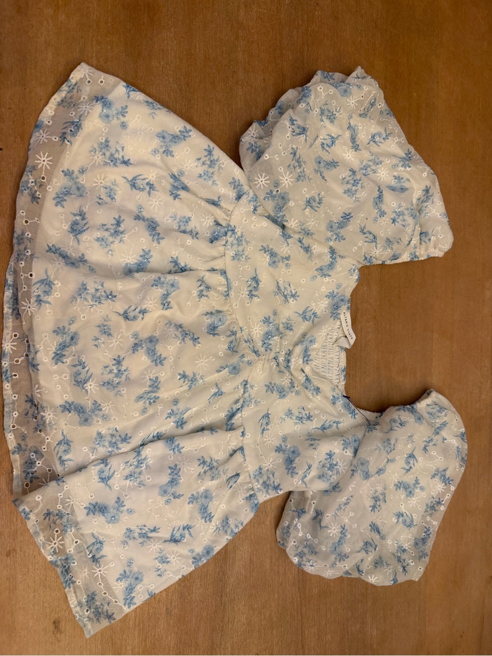 Altar'd State Cream and Light Blue Floral Puff-Sleeve Blouse
